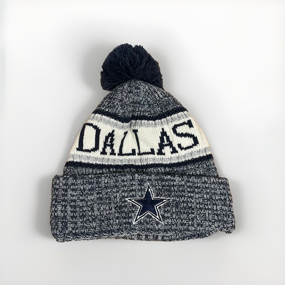 New Era Dallas Cowboys Mens Beanie Hat Pom Cuffed Knit Fleece Lined‎ Navy White
